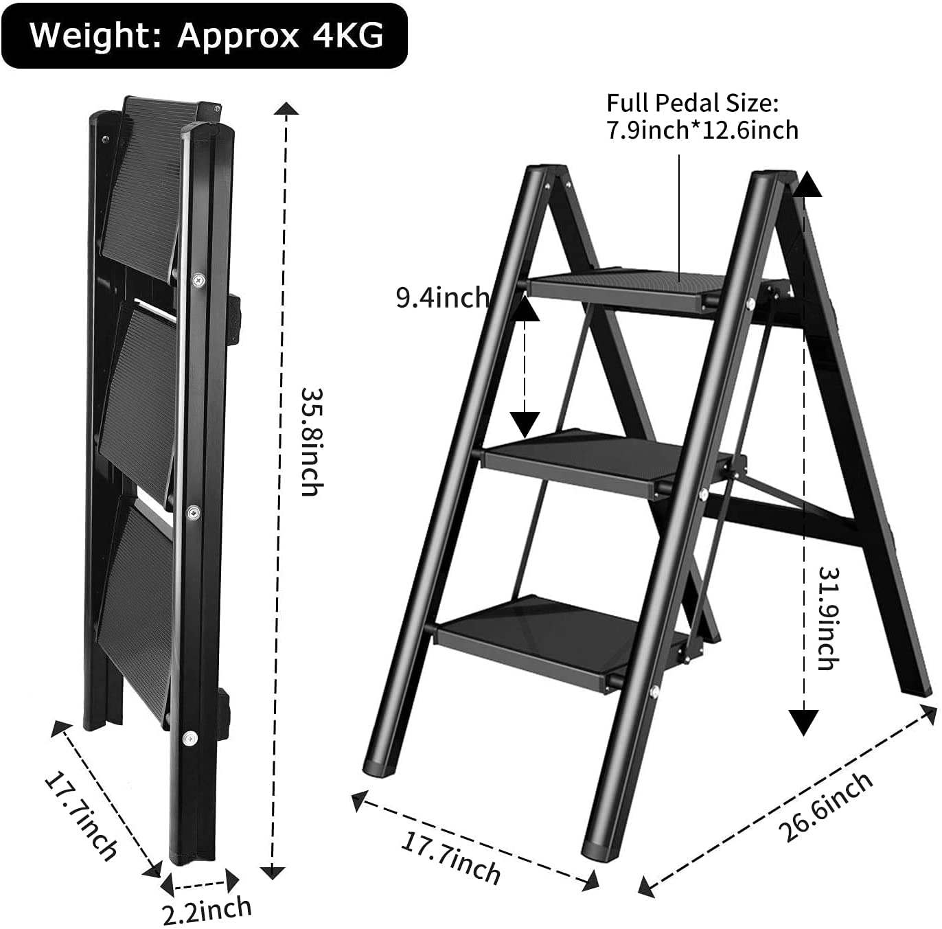 Limited time sale -Aluminum Lightweight Folding 3 Step Ladder with Anti-Slip and Wide Pedal for Home and Kitchen Space Saving