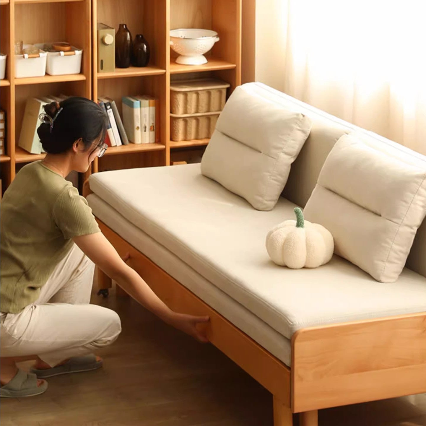 Limited time sale -Japandi Pull Out Solid Beech Wood Day Bed