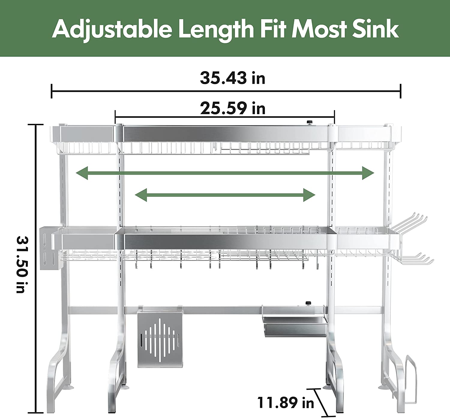 Limited time sale -Adjustable (25.6"-35.5") Large 3 Tier Over Sink Full 304 Stainless Steel Dish Drying Rack