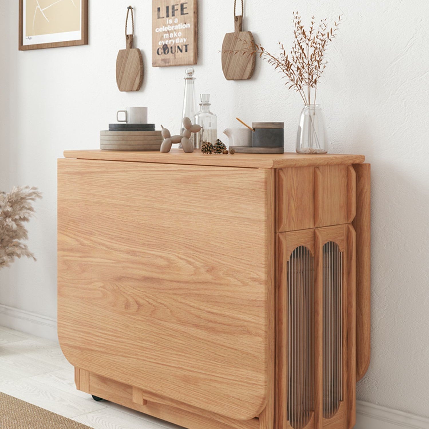 Double Drop Leaf Dining Table with Pegboard Hutch Cabinet