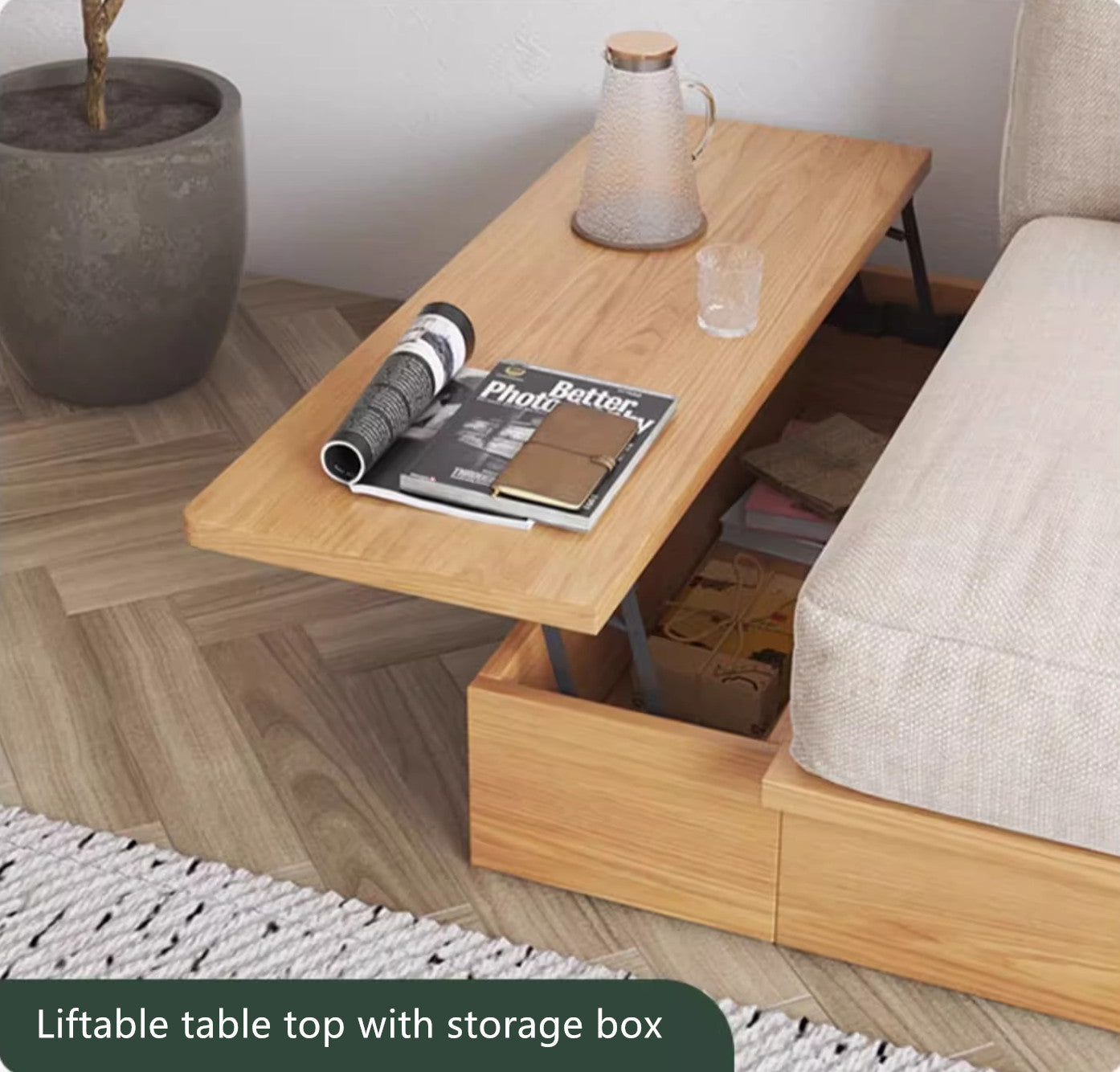 Last 3 days -Japandi Solid Wood Sofa Bed with Liftable Armrest Storage Box