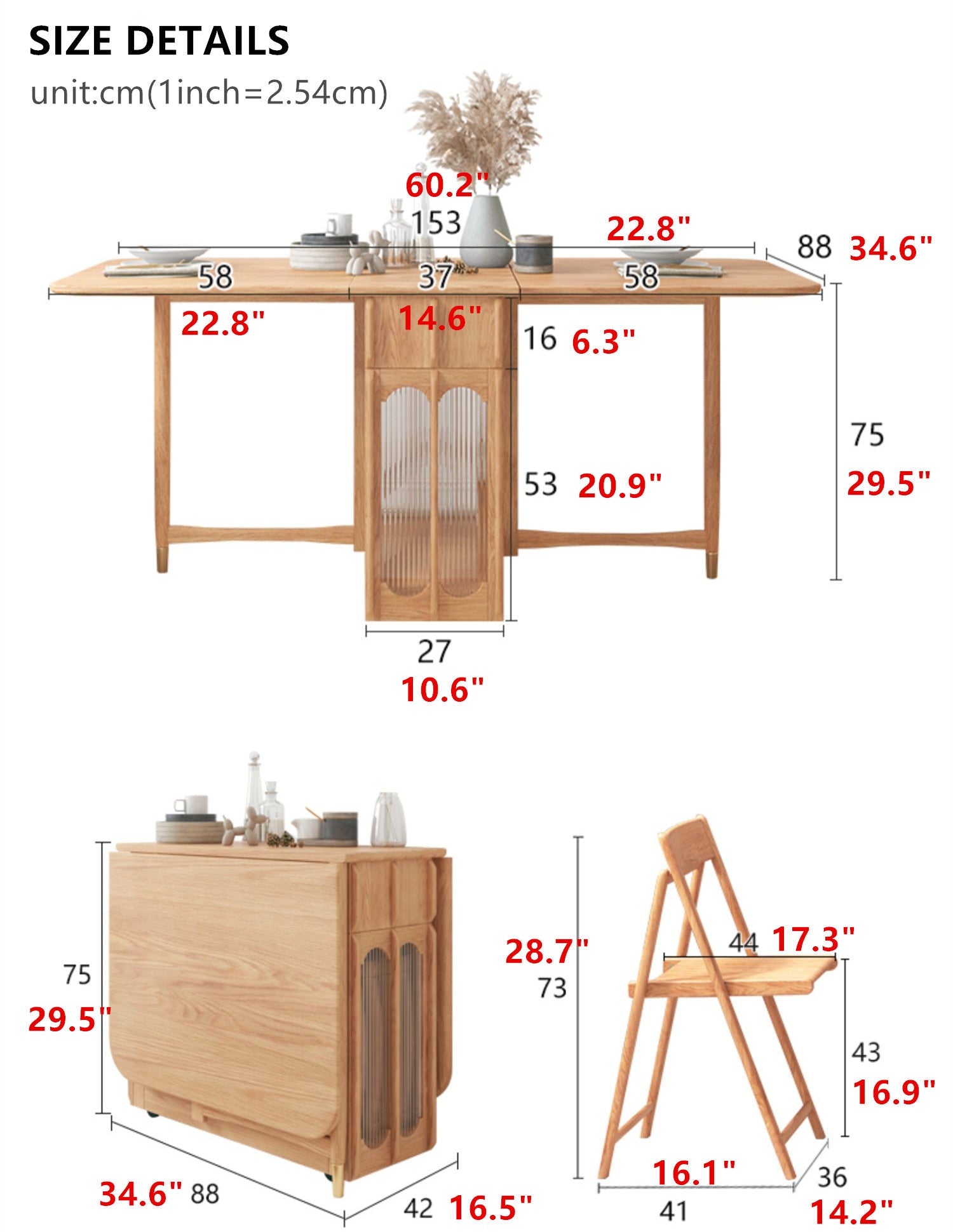 Double Drop Leaf Dining Table with Pegboard Hutch Cabinet