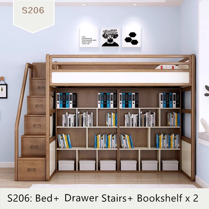 Solid Ash Wood Loft Bed with High Storage Bed Wardrobe and Drawer Stairs and Desk Combination