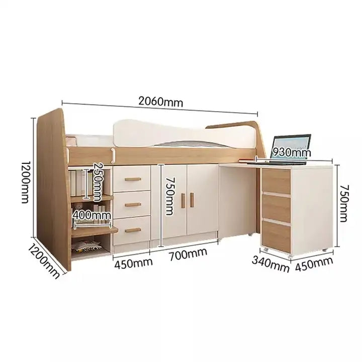 Kids Wood Loft Bed With Small Pull-Out Desk and Wardrobe and Storage Cabinet
