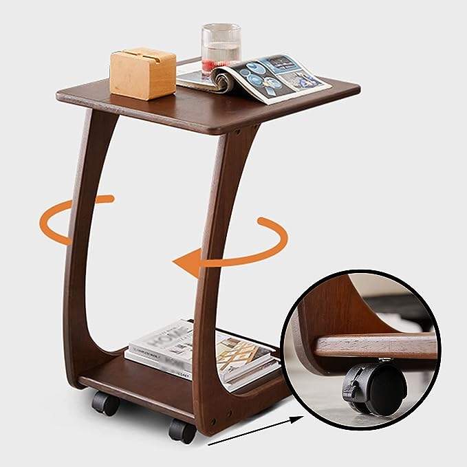 Limited time sale -Solid Wood C-Shaped End Table with Rolling Wheels