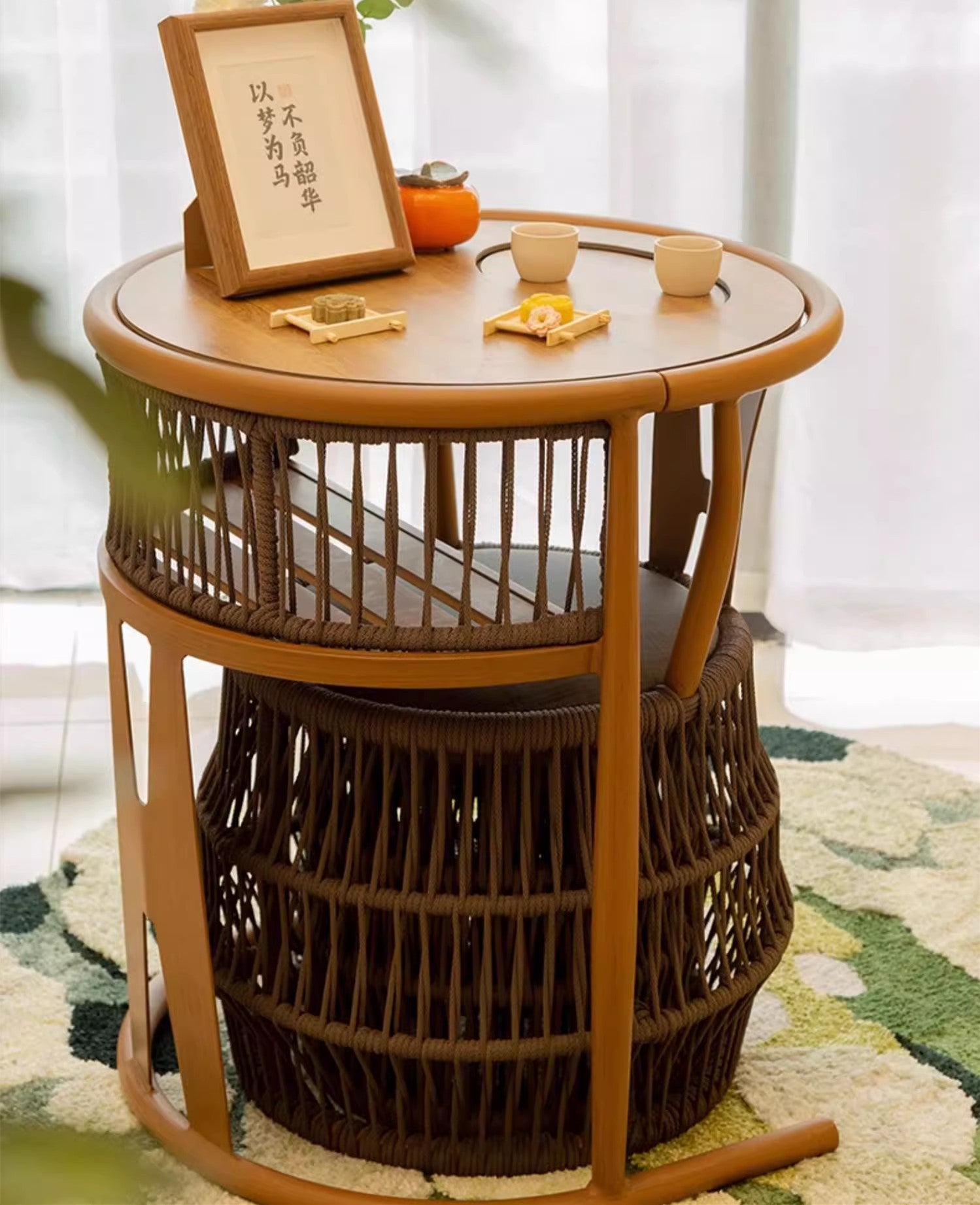Space Saving Aluminium Frame PE Braided Rope Table Stackable Chairs for Porch Backyard Balcony Garden