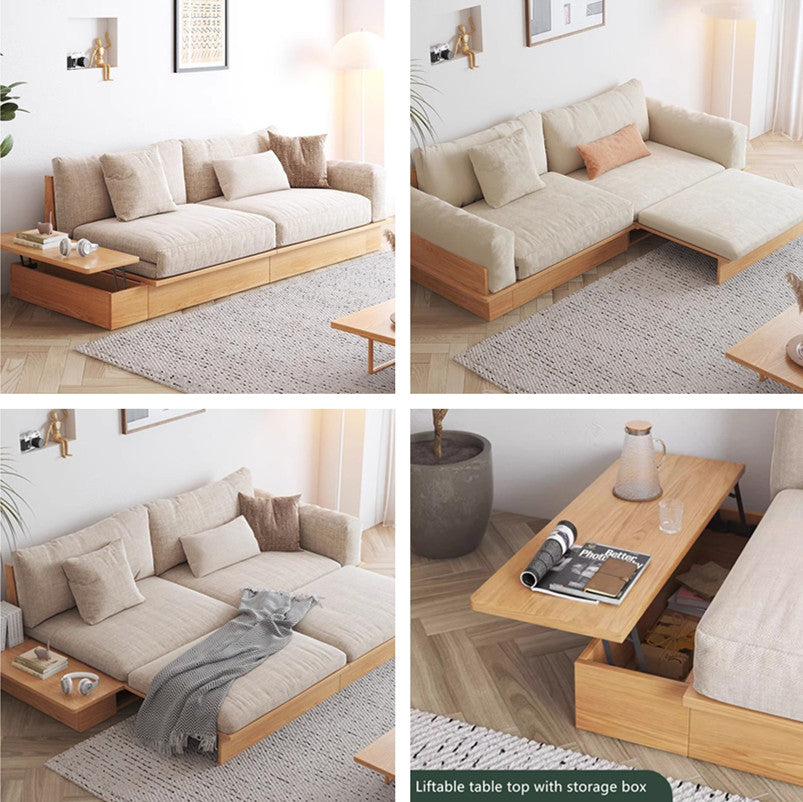 Last 3 days -Japandi Solid Wood Sofa Bed with Liftable Armrest Storage Box