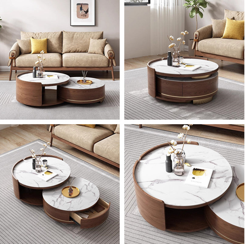 Double Round Nesting Coffee Table with Drawer and Marble Tabletop
