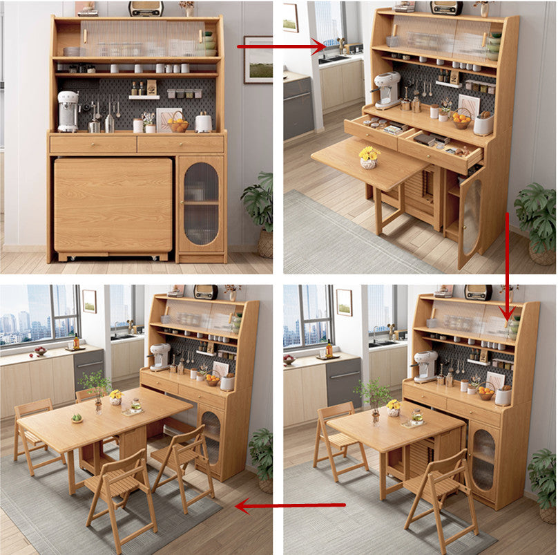 Kitchen Hutch Cabinet with Double Drop Leaf Dining Table and 4 Folding Chairs