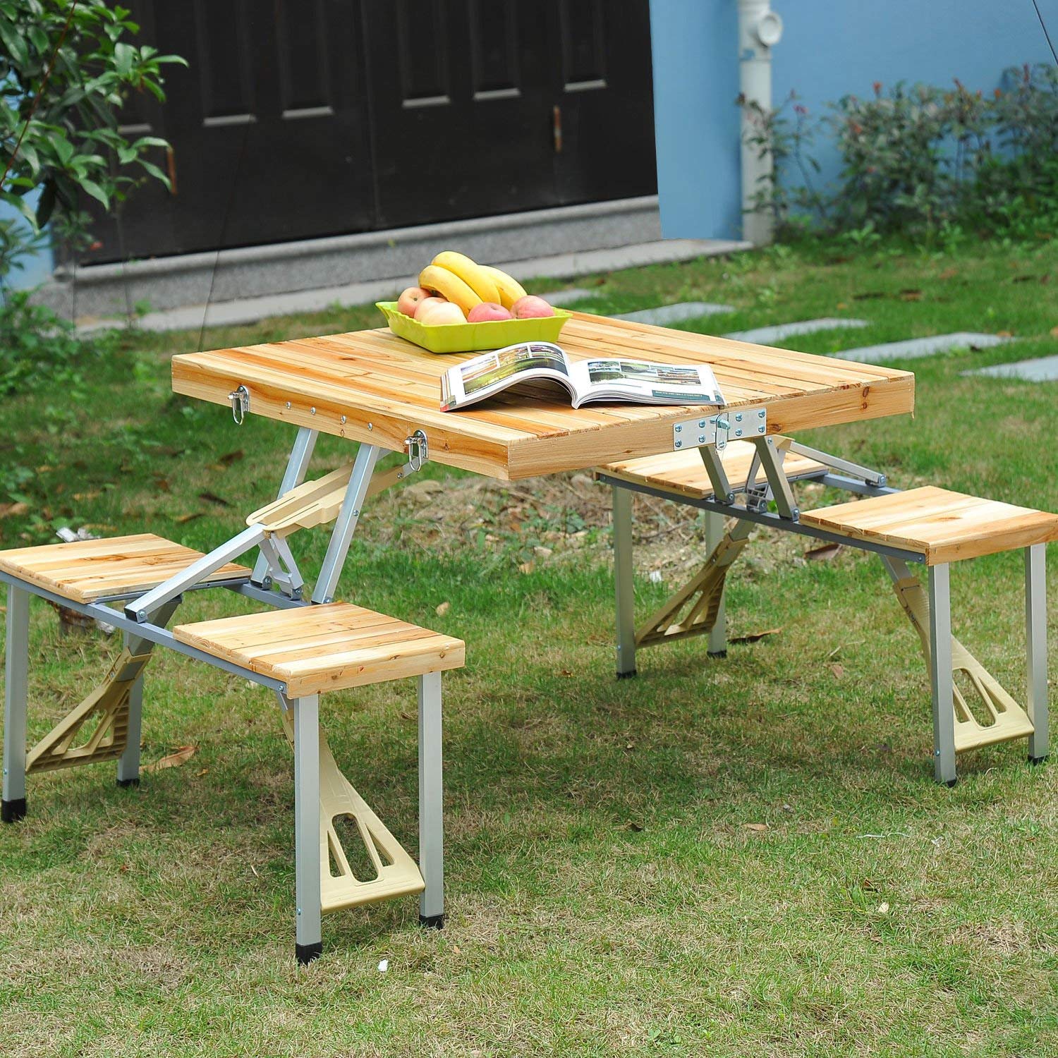 Portable Foldable Camping Picnic Table with Seats Chairs and Umbrella Hole-Wood