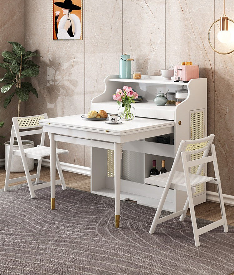 Solid Wood Folding Multifunctional Dining Table with Cabinet and Folding Chairs