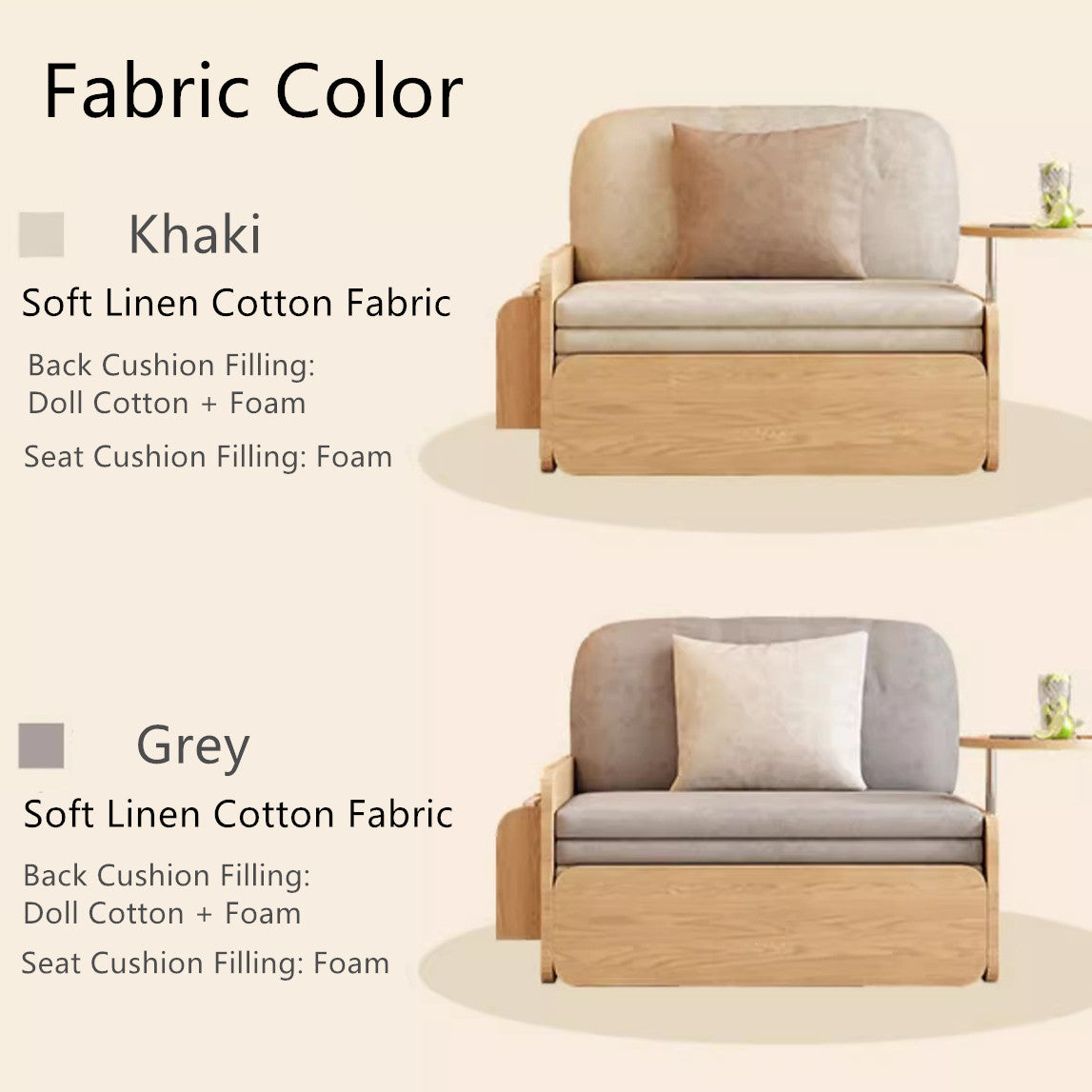 Japandi Log Style Pull Out Sofa Bed with Rotating Armrest Tray and Storage