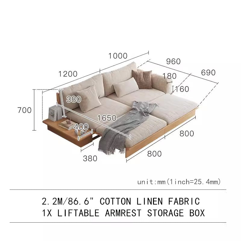 Last 3 days -Japandi Solid Wood Sofa Bed with Liftable Armrest Storage Box