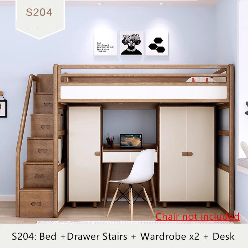 Solid Ash Wood Loft Bed with High Storage Bed Wardrobe and Drawer Stairs and Desk Combination