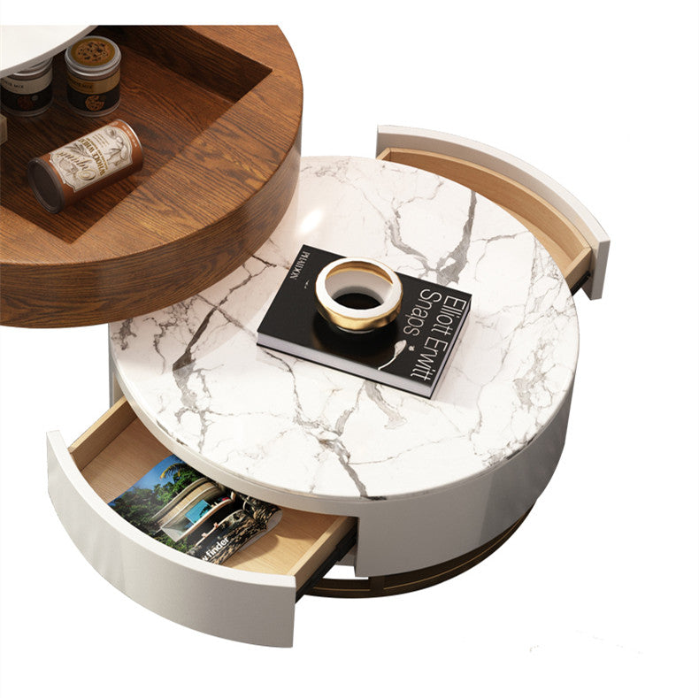 Round Coffee Table With Lift-UP Top and Double Rotating Drawers