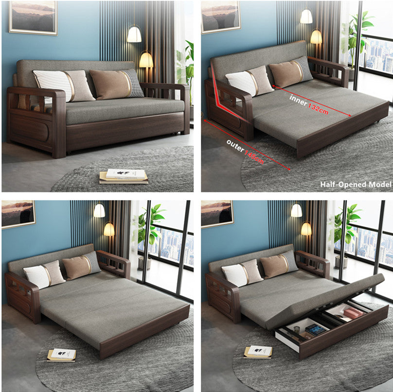 Modern Solid Wood Frame Convertible Sofa Bed With Underneath Storage