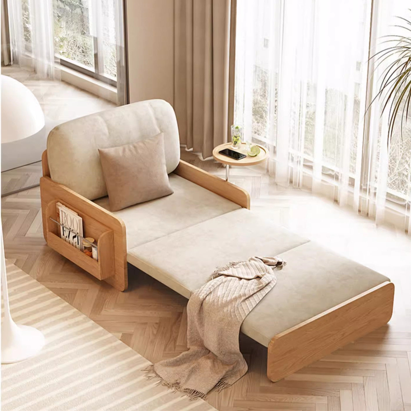 Japandi Log Style Pull Out Sofa Bed with Rotating Armrest Tray and Storage
