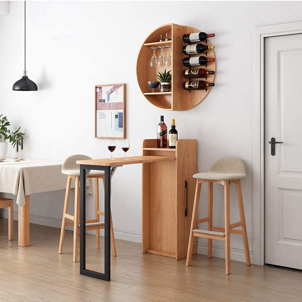 Limited time sale -Folding Retractable Wine Bar Table With WALL Mounted Round Wine Shelf(no chairs)