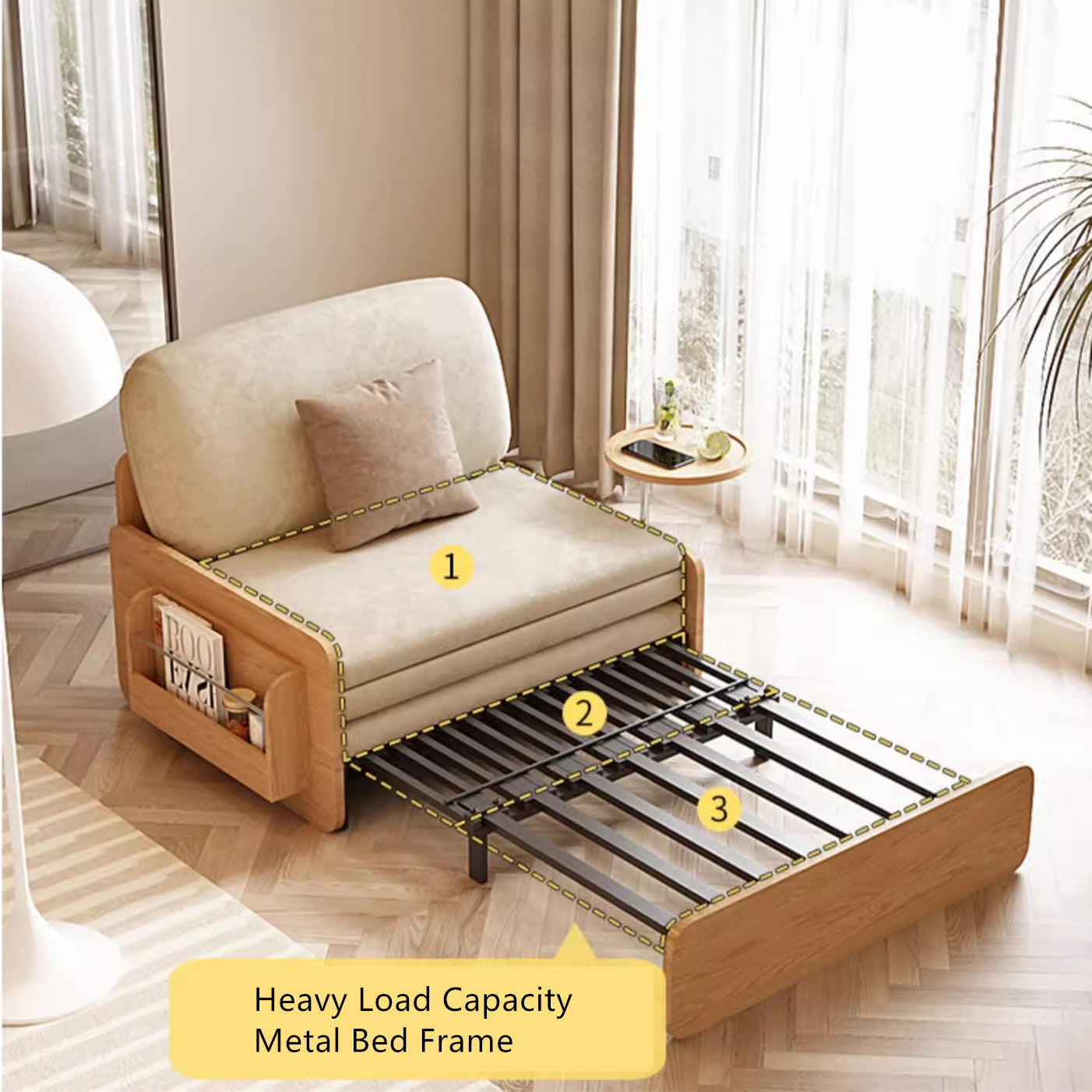 Japandi Log Style Pull Out Sofa Bed with Rotating Armrest Tray and Storage