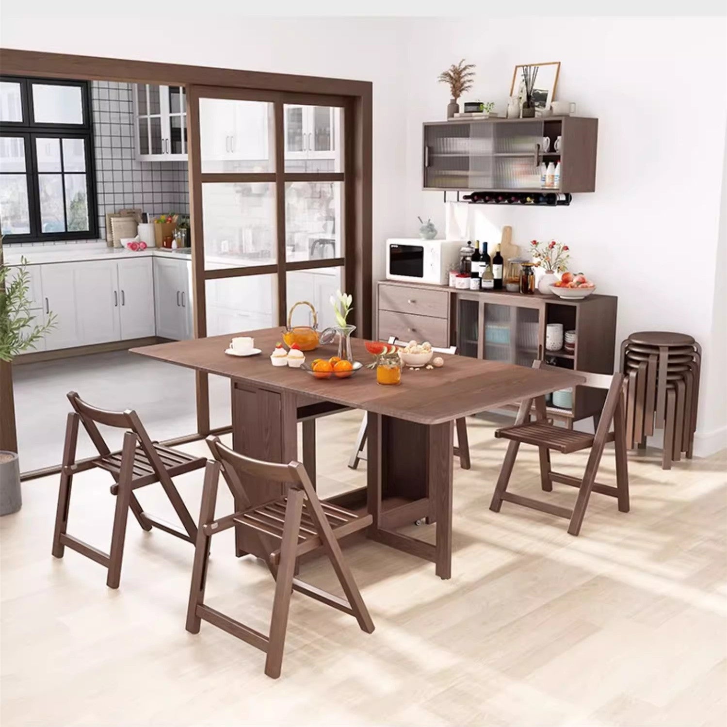 55" and 67" Solid Oak Wood Double Drop Leaf Dining Table with Chairs