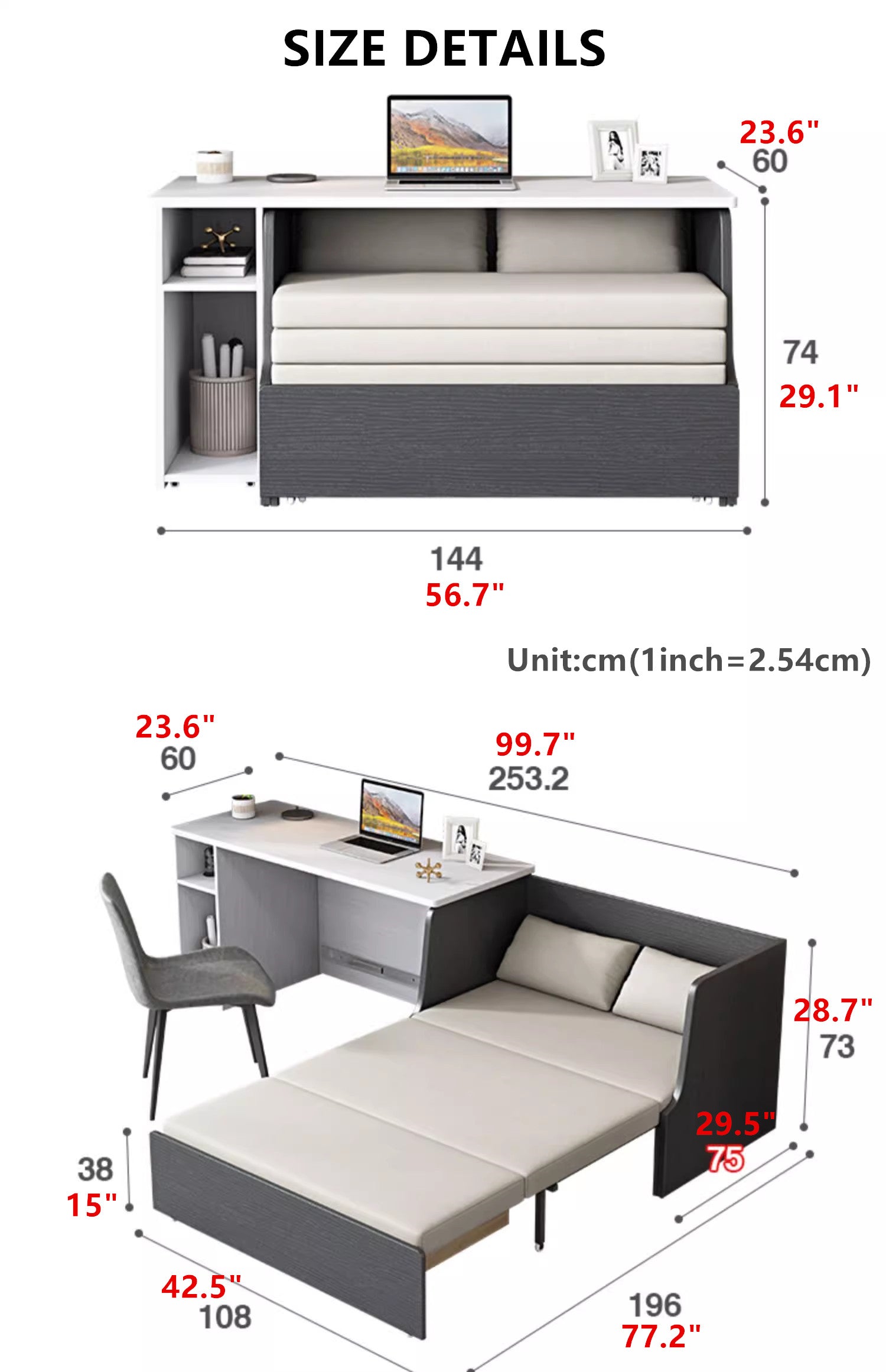 Space Saving Sofa Bed with Underneath Storage and Computer Desk Set