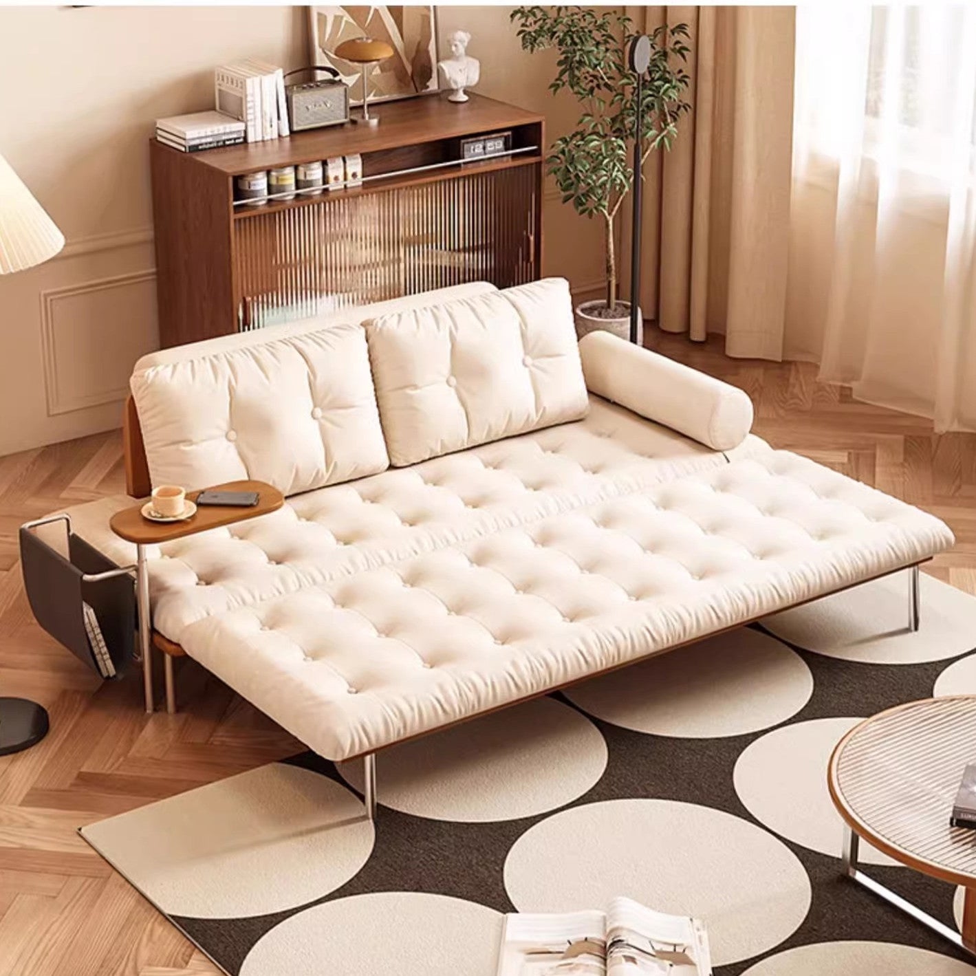 Nordic Minimalist Sofa Bed with Rotating Side Table