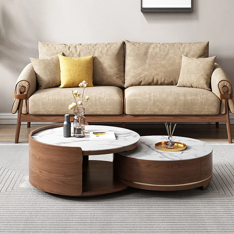 Double Round Nesting Coffee Table with Drawer and Marble Tabletop