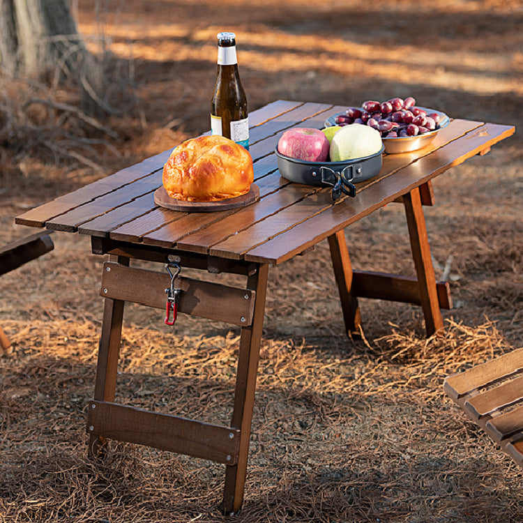 Outdoor Camping Folding Solid Wood Table With 4 Folding Chairs Set