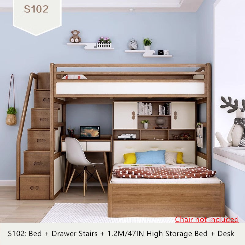 Solid Ash Wood Loft Bed with High Storage Bed Wardrobe and Drawer Stairs and Desk Combination