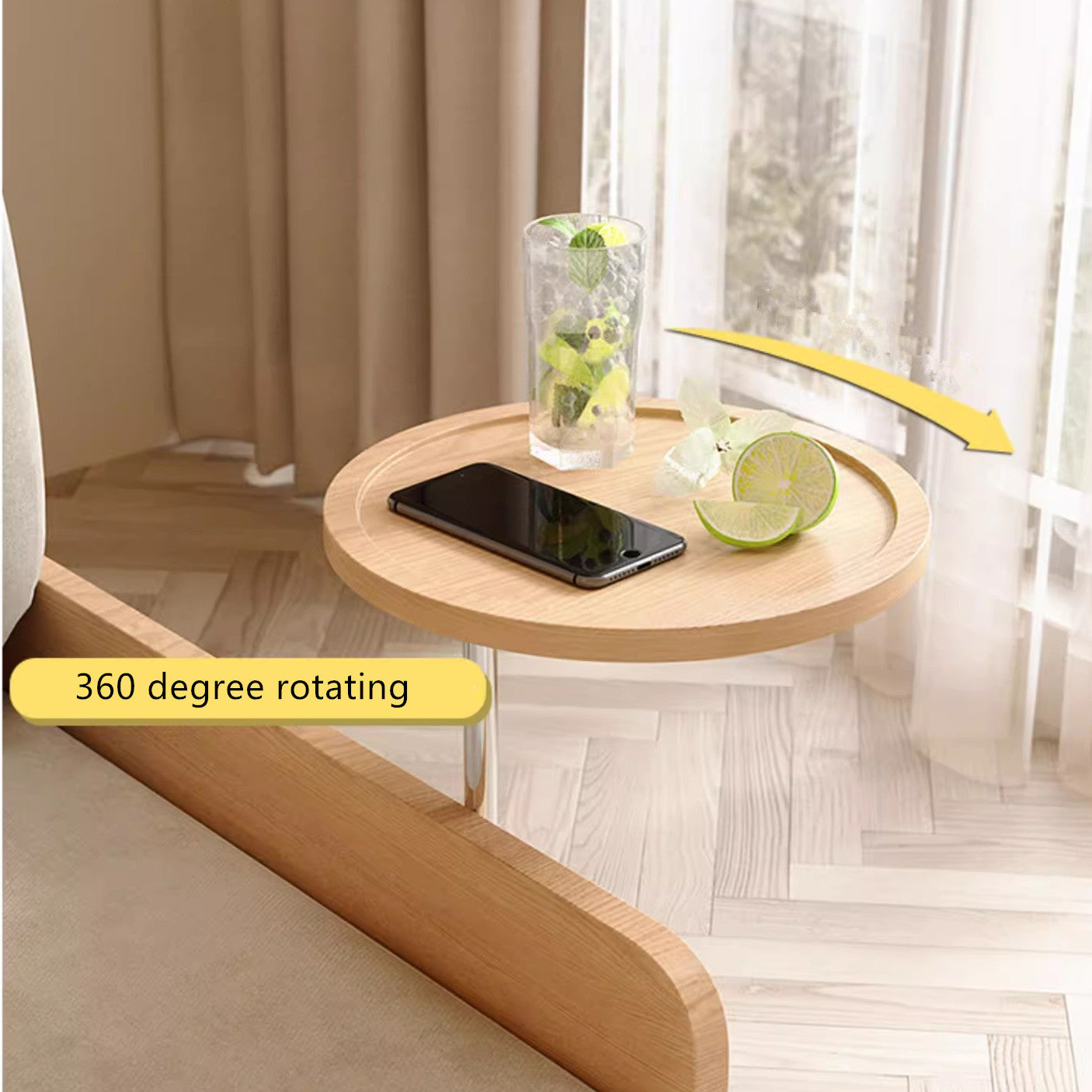 Japandi Log Style Pull Out Sofa Bed with Rotating Armrest Tray and Storage