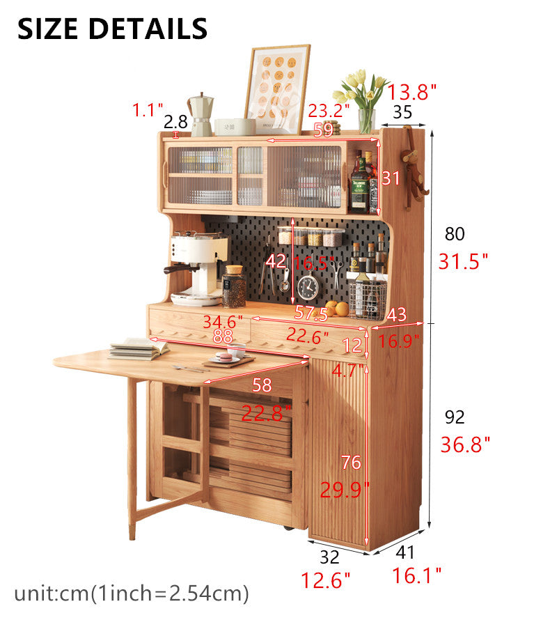 Double Drop Leaf Dining Table with Pegboard Hutch Cabinet