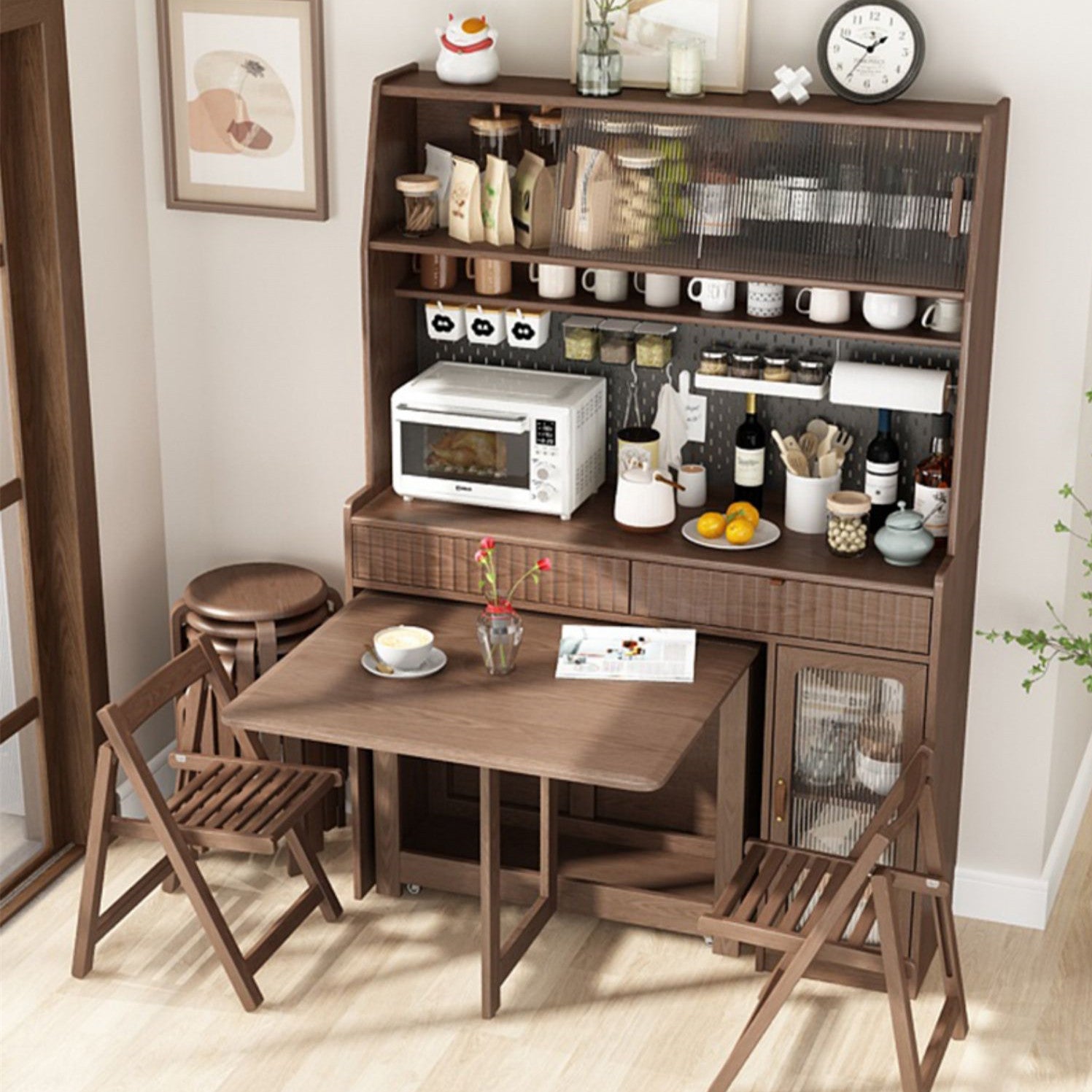 Kitchen Hutch Cabinet with Double Drop Leaf Dining Table and 4 Folding Chairs