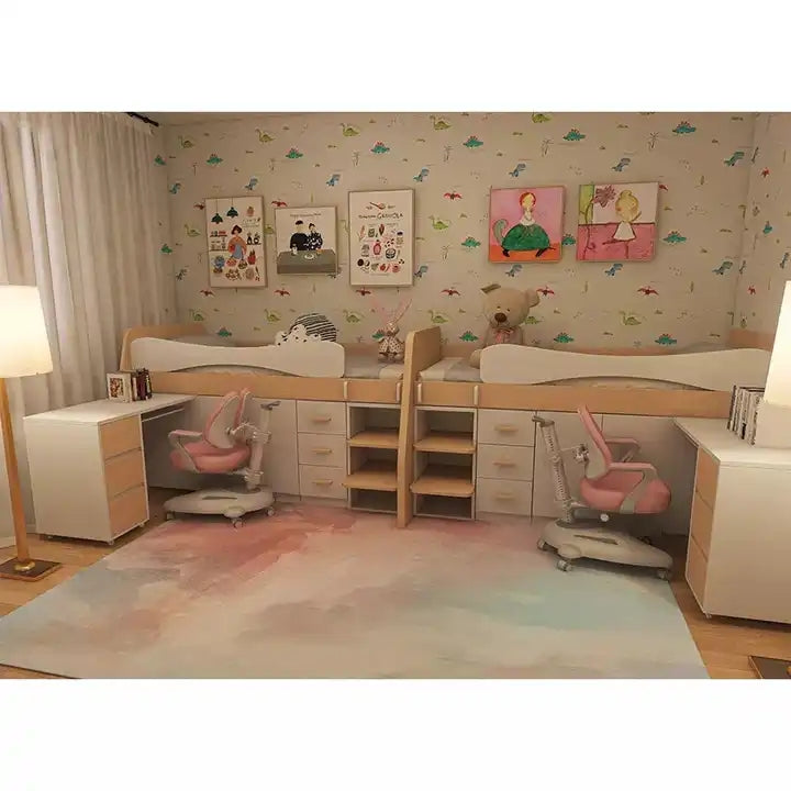 Kids Wood Loft Bed With Small Pull-Out Desk and Wardrobe and Storage Cabinet