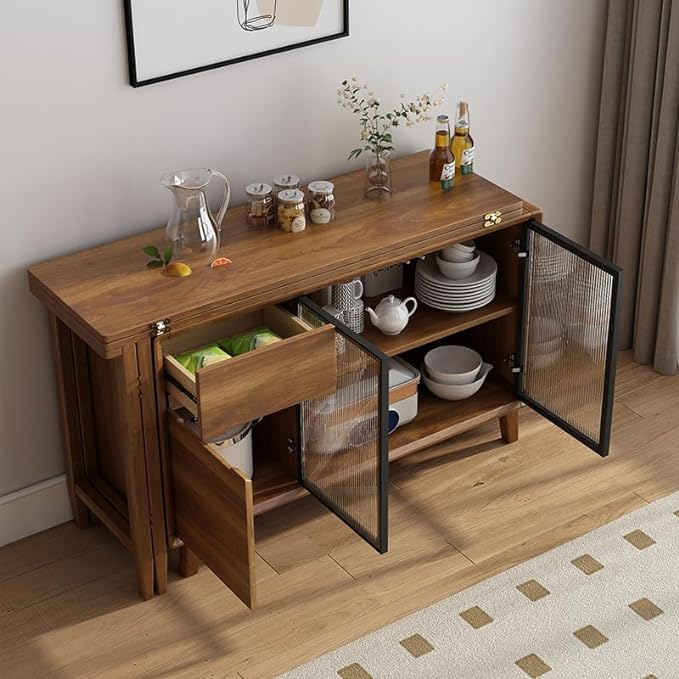 Folding Dining Table and Cabinet in One with Glass Sliding Doors and Storage Drawers