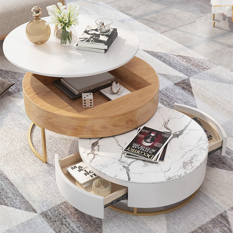 Round Coffee Table With Lift-UP Top and Double Rotating Drawers