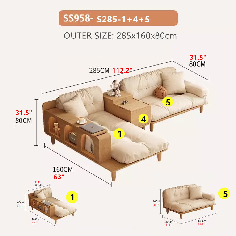 Japandi Solid Wood Sofa With Rotating Armrest Tray and Liftable End Table