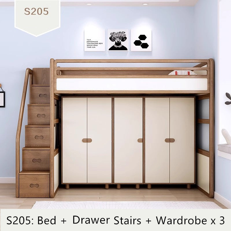 Solid Ash Wood Loft Bed with High Storage Bed Wardrobe and Drawer Stairs and Desk Combination