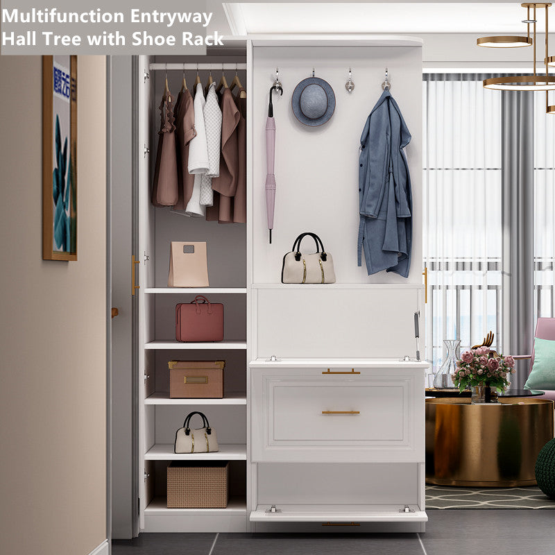 Multifunction Entryway Hall Tree with Slide Out Shoe Rack and Single Door Wardrobe