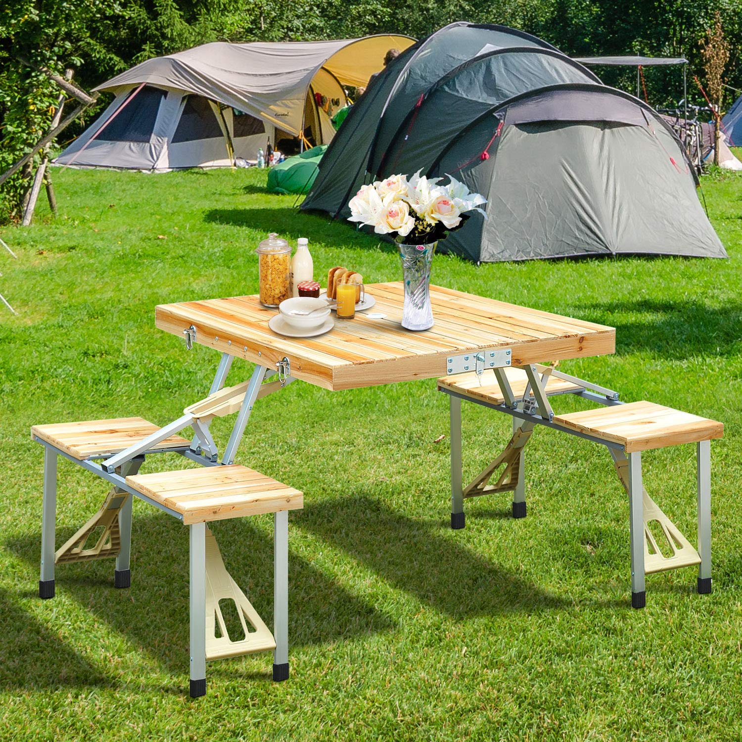 Limited time sale -Aluminium Alloy Outdoor Camping Picnic Table Integrated Folding Table and Chair