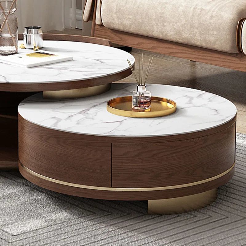 Double Round Nesting Coffee Table with Drawer and Marble Tabletop