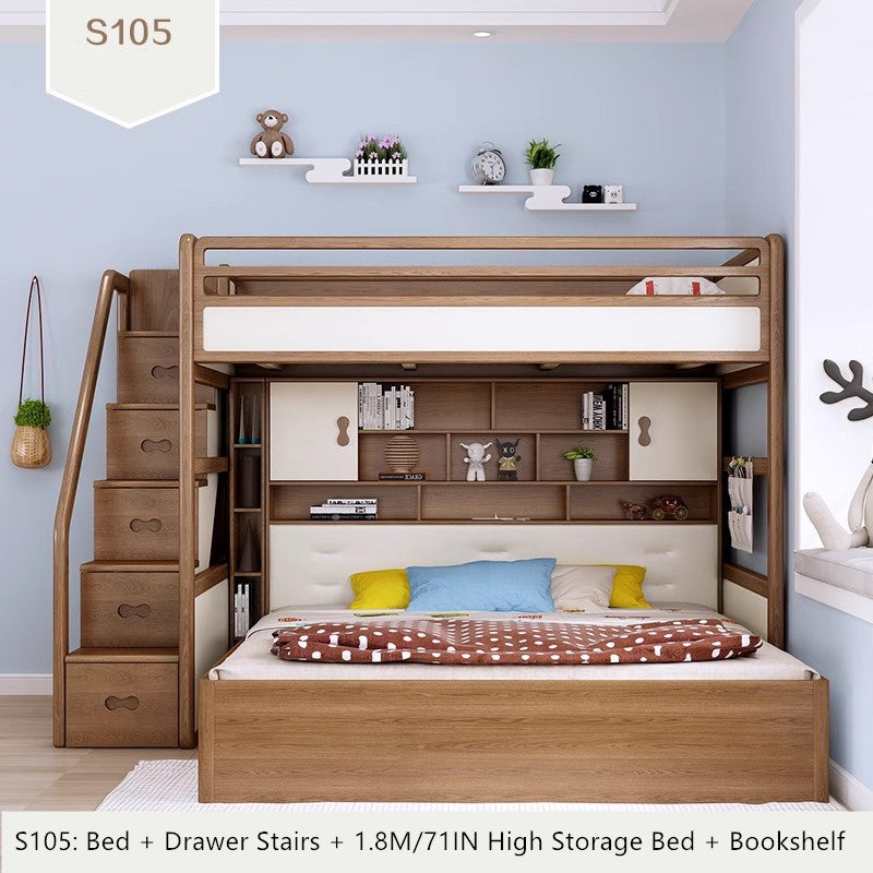 Solid Ash Wood Loft Bed with High Storage Bed Wardrobe and Drawer Stairs and Desk Combination
