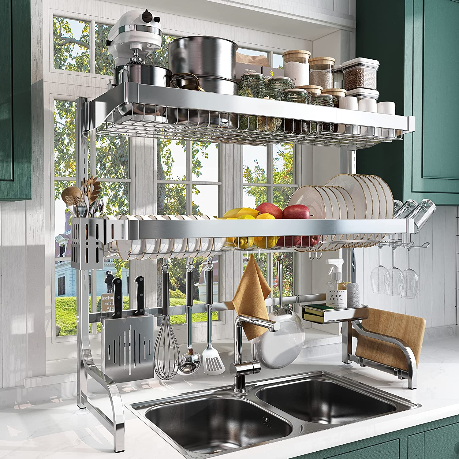 Limited time sale -Adjustable (25.6"-35.5") Large 3 Tier Over Sink Full 304 Stainless Steel Dish Drying Rack