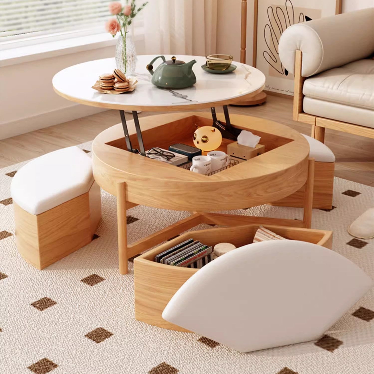 Limited time sale -Lift Top Round Coffee Table with Storage and Ottomans