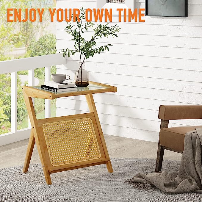 Limited time sale -Bamboo Rattan End Table with Storage