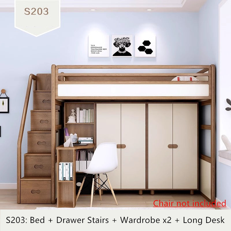 Solid Ash Wood Loft Bed with High Storage Bed Wardrobe and Drawer Stairs and Desk Combination