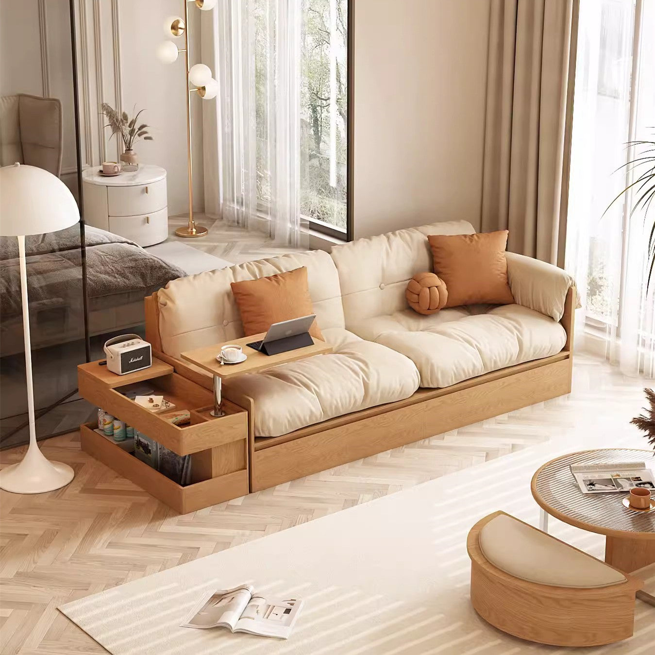 Limited time sale -Multifunction Fabric High Box Storage Sofa with Armrest Table and Drawers