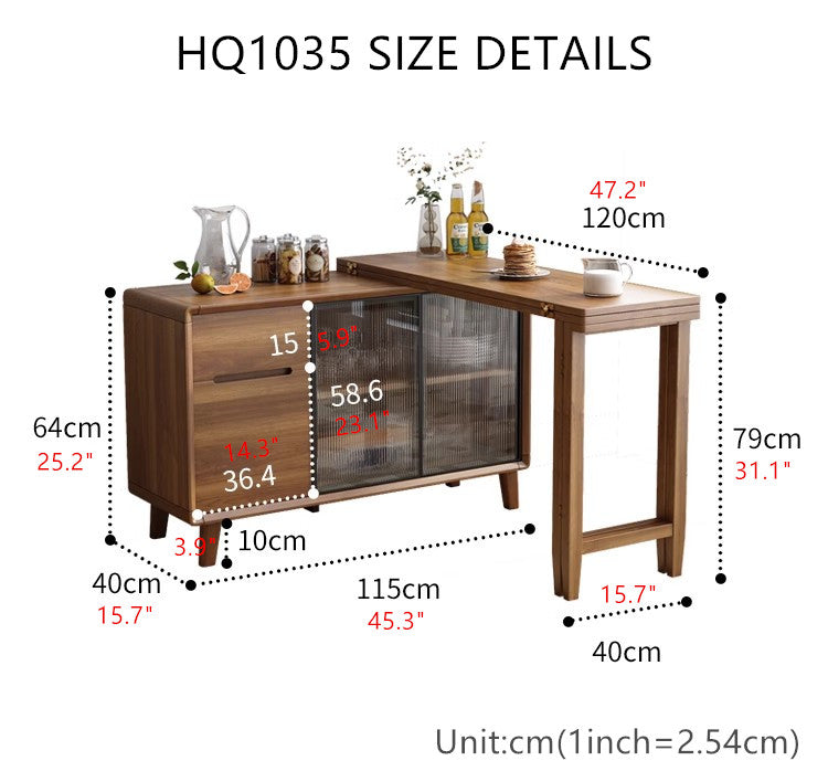 Folding Dining Table and Cabinet in One with Glass Sliding Doors and Storage Drawers