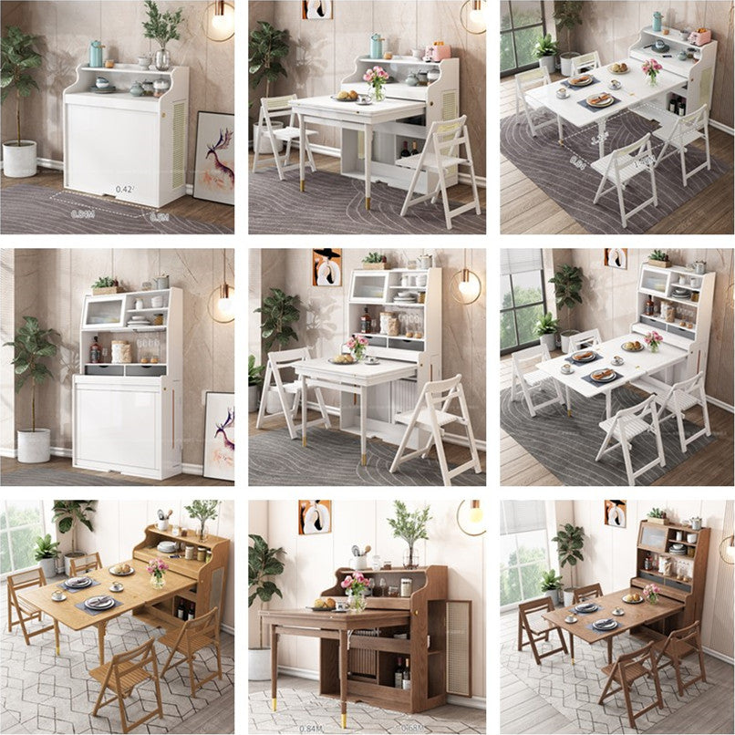Solid Wood Folding Multifunctional Dining Table with Cabinet and Folding Chairs