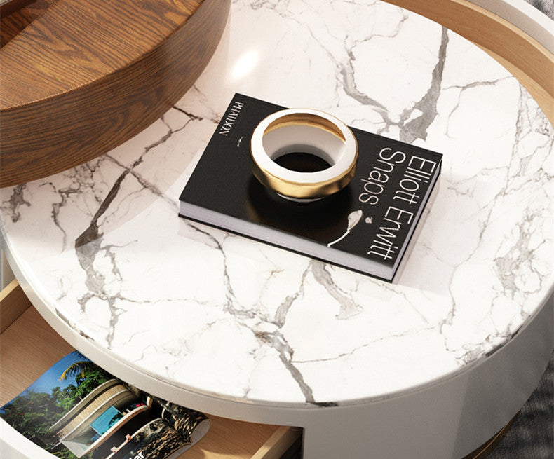 Round Coffee Table With Lift-UP Top and Double Rotating Drawers