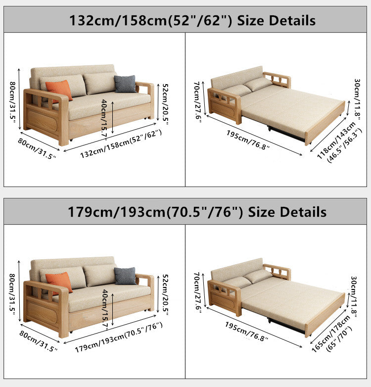 Modern Solid Wood Frame Convertible Sofa Bed With Underneath Storage